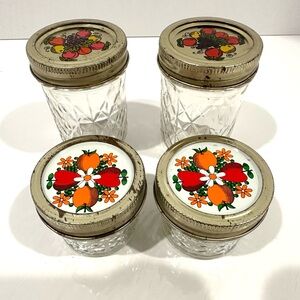 Vintage Set 4- 2 2” Kerr Country Fruit & 2 4” Ball Quilted Canning Kitchen Jars